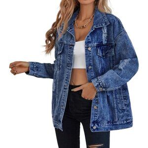 Women's Long Oversized Denim Jacket Ripped Distressed Jean Jackets Deep Blue